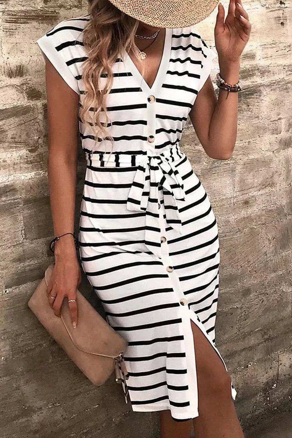 Striped Button Slit Tie V-Neck Midi Dress - Chic Meadow Boutique 