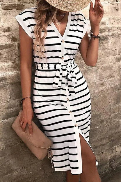 Striped Button Slit Tie V-Neck Midi Dress - Chic Meadow Boutique 