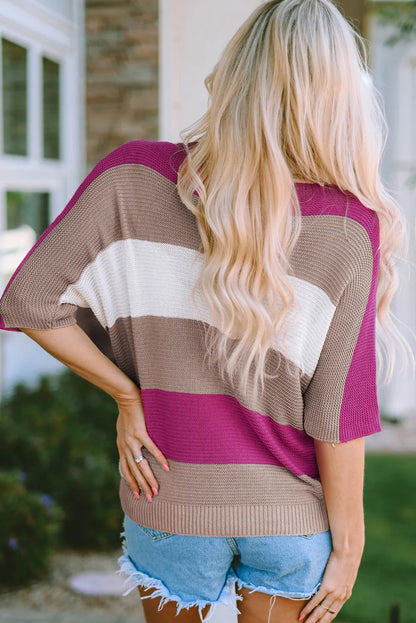 Rose Contrast Stripe Knit Half Sleeve Sweater - Chic Meadow Boutique 