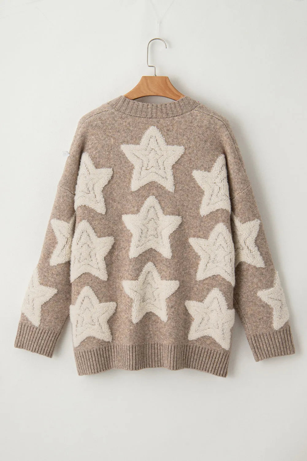 Khaki Sherpa Star Pattern Textured Sweater Cardigan with Pockets - Chic Meadow Boutique 