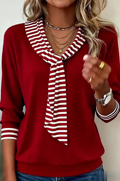 Red Dahlia Striped Contrast Tie Collar Cuffed Casual Long Sleeve Top