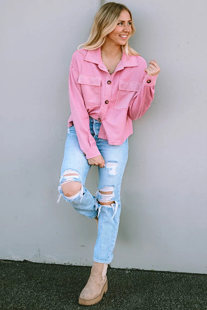 Pink Turn-Down Collar Pockets Shirt Jacket - Chic Meadow Boutique 