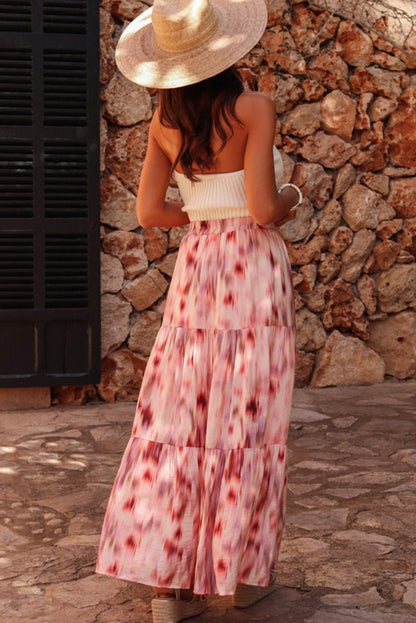 Pink Abstract Watercolor Tie Dye Tiered Maxi Skirt