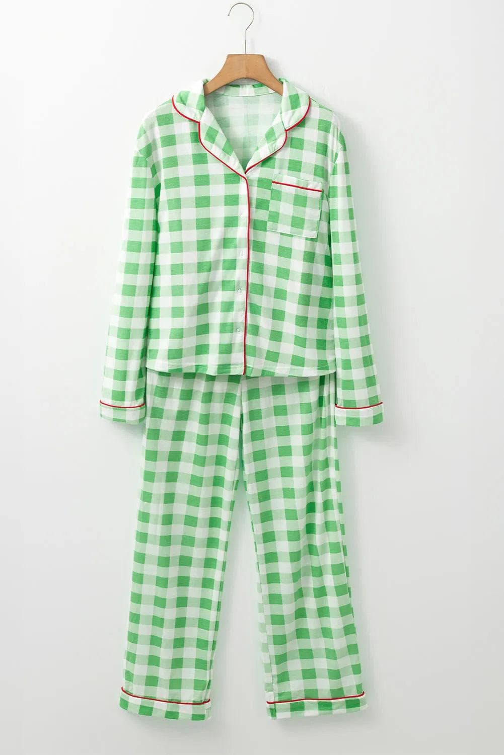 Loungewear & Sleepwear/Sleepwear Light Green Christmas Plaid Print Shirt and Pants Pajama Set