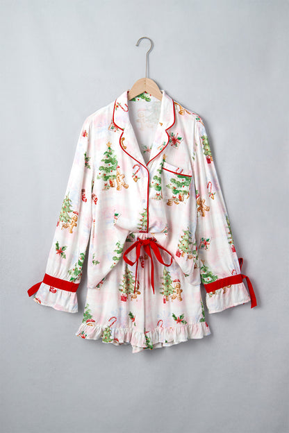 Pink Abstract Christmas Print Long Sleeve Two Piece Shift Lounge Set