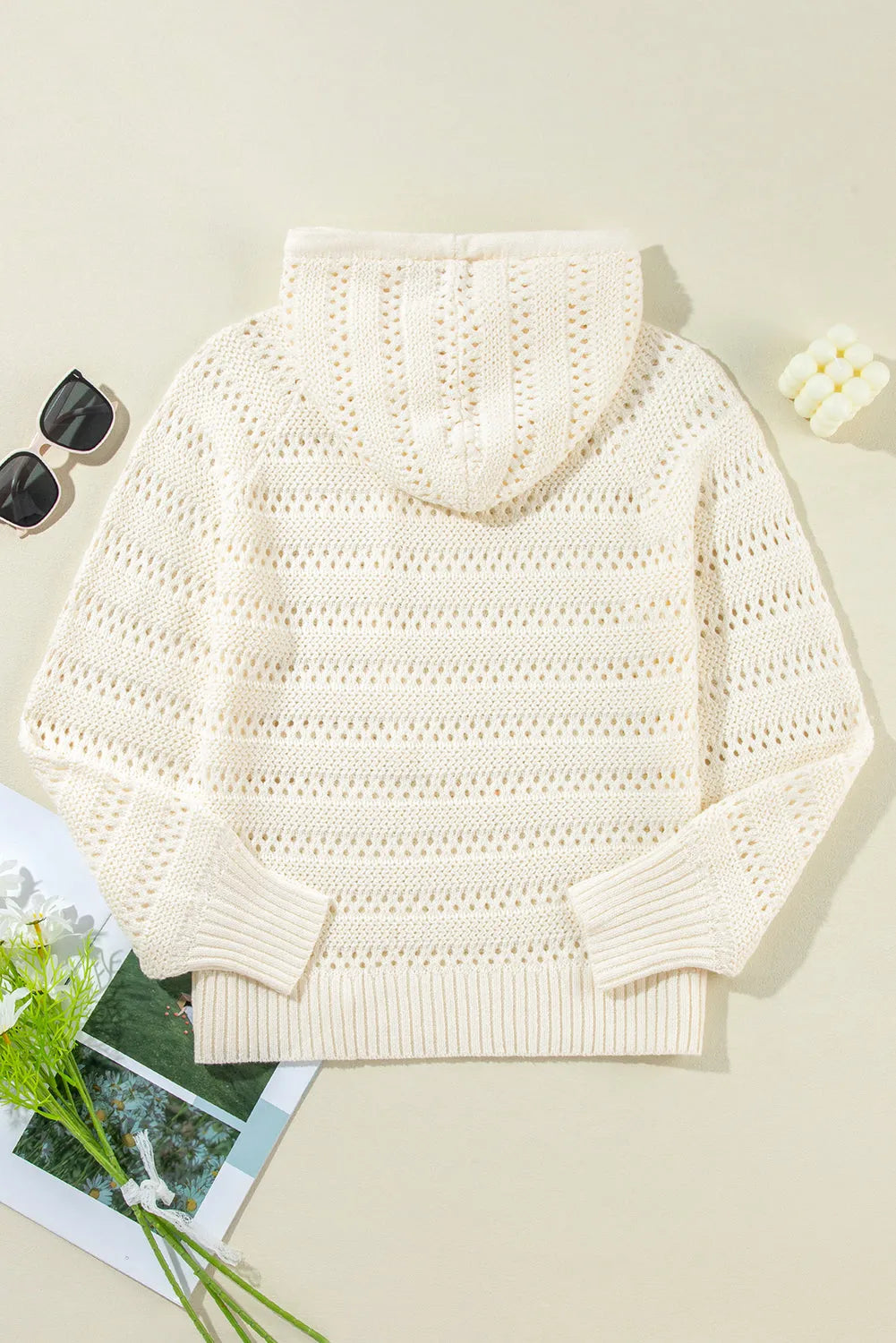 White Pointelle Knit Raglan Sleeve Hooded Sweater - Chic Meadow Boutique 