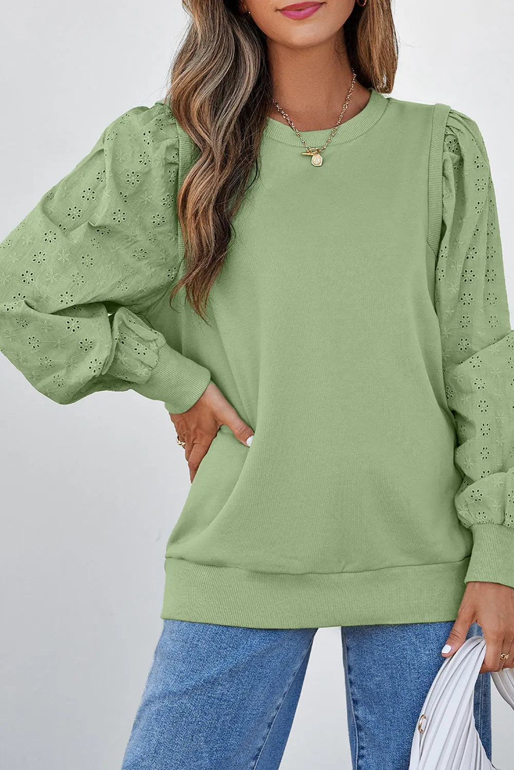 Mist Green Solid Patchwork Sleeve Round Neck Sweatshirt - Chic Meadow Boutique 