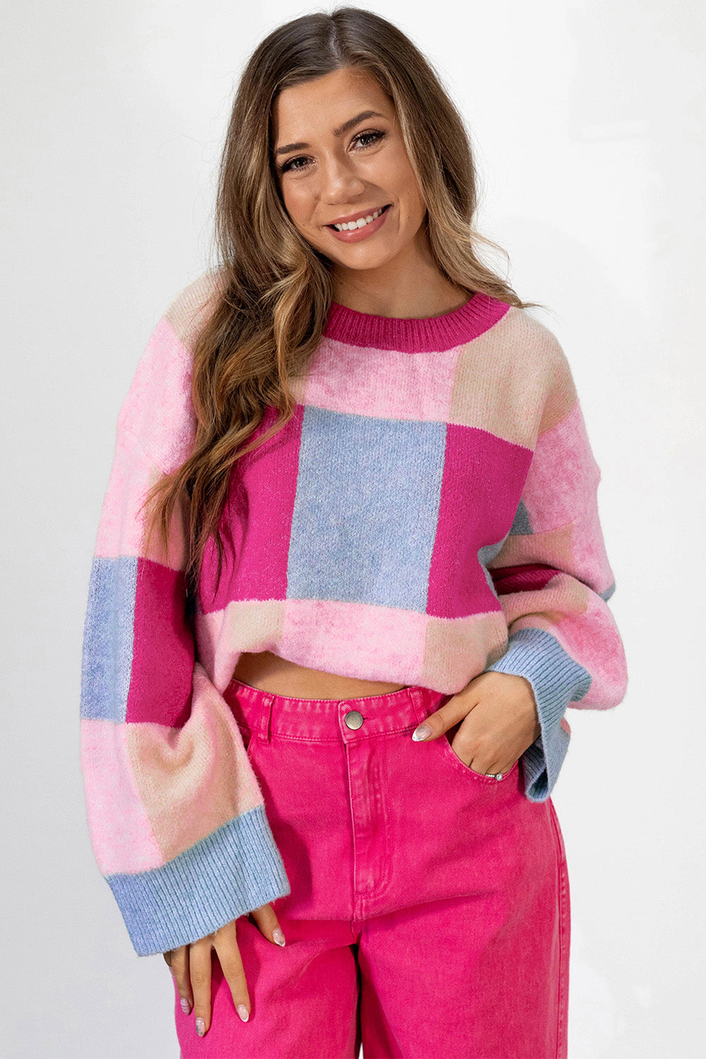 Rose Red Color Block Drop Shoulder Crewneck Loose Fit Sweater