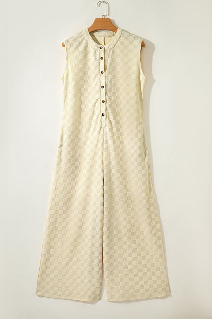 White Half Buttons Sleeveless Wide Leg Textured Jumpsuit