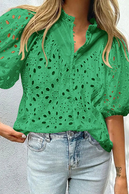 Green Flower Embroidered Hollow-out Puff Sleeve Blouse - Chic Meadow Boutique 