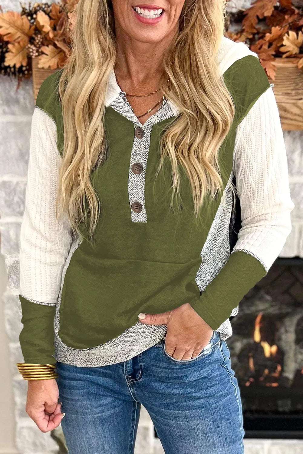 Jungle Green Color Block Textured Buttoned Kangaroo Pocket Hoodie - Chic Meadow Boutique 