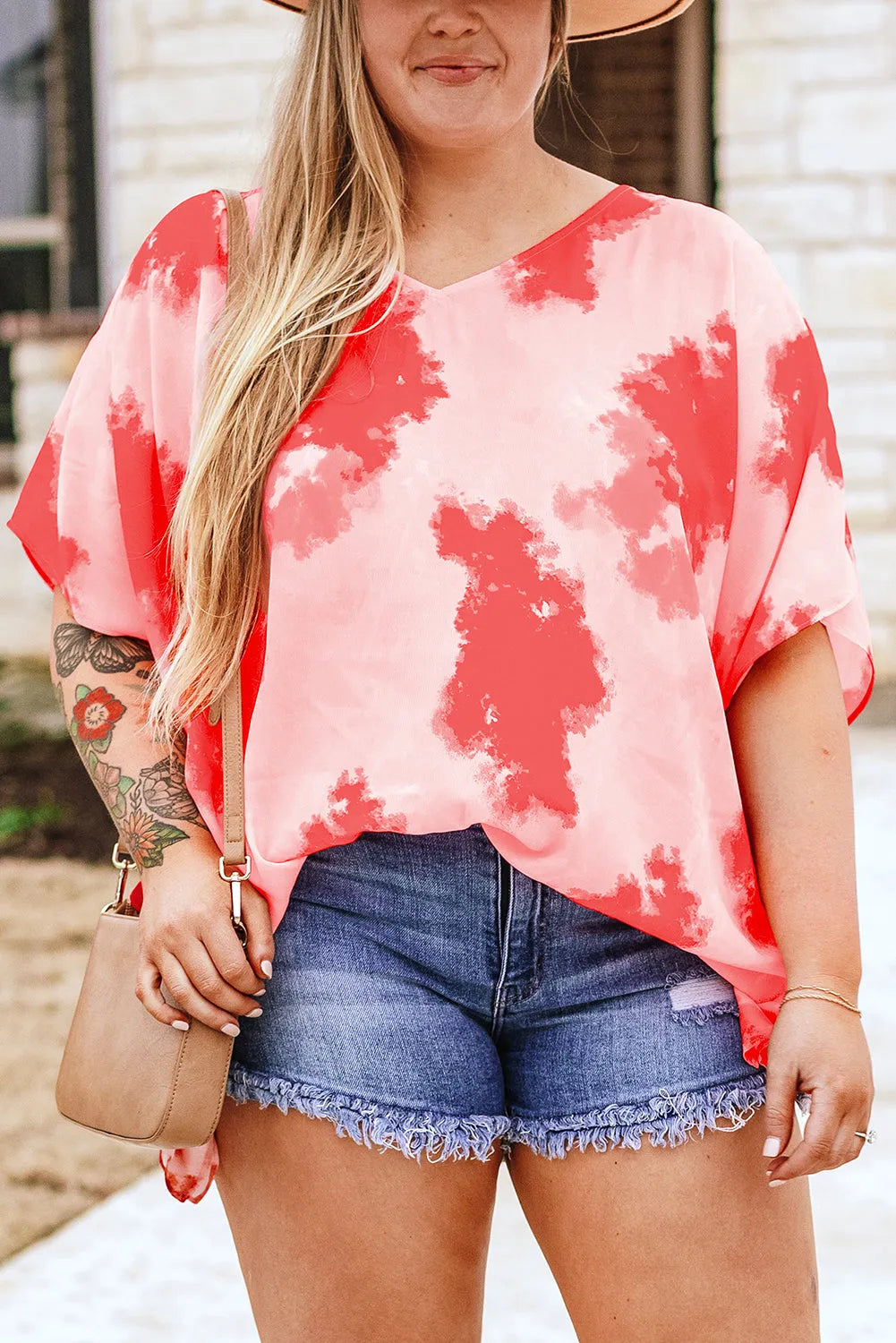 Red Plus Size Tie-dye Print 3/4 Sleeve Tunic Top - Chic Meadow Boutique 