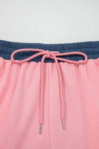 Pink Color Block Patchwork Varsity Striped Detail Drawstring Elastic Waist Shorts