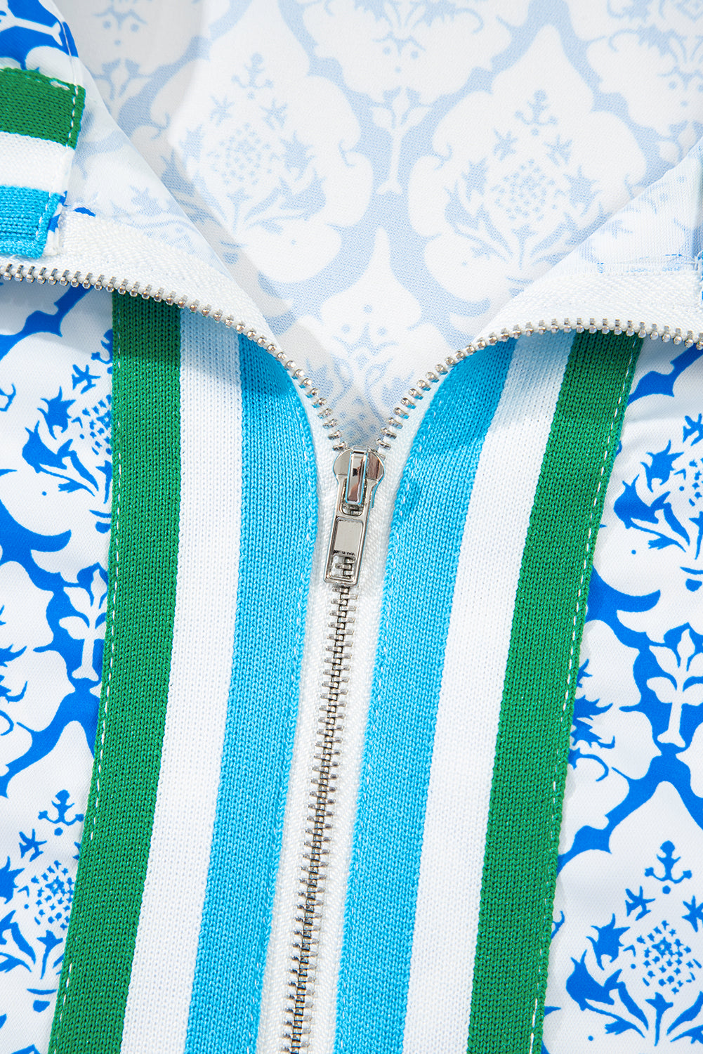 Sky Blue Western Print Zipped Collar Short Sleeve Summer Blouse Top