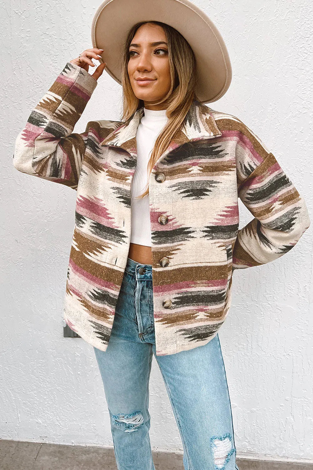 Multicolor Aztec Print Button Up Long Sleeve Jacket - Chic Meadow Boutique 