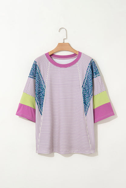 Purple Stripe Floral Color Block Raw Edge Patchwork Bracelet Sleeve Blouse