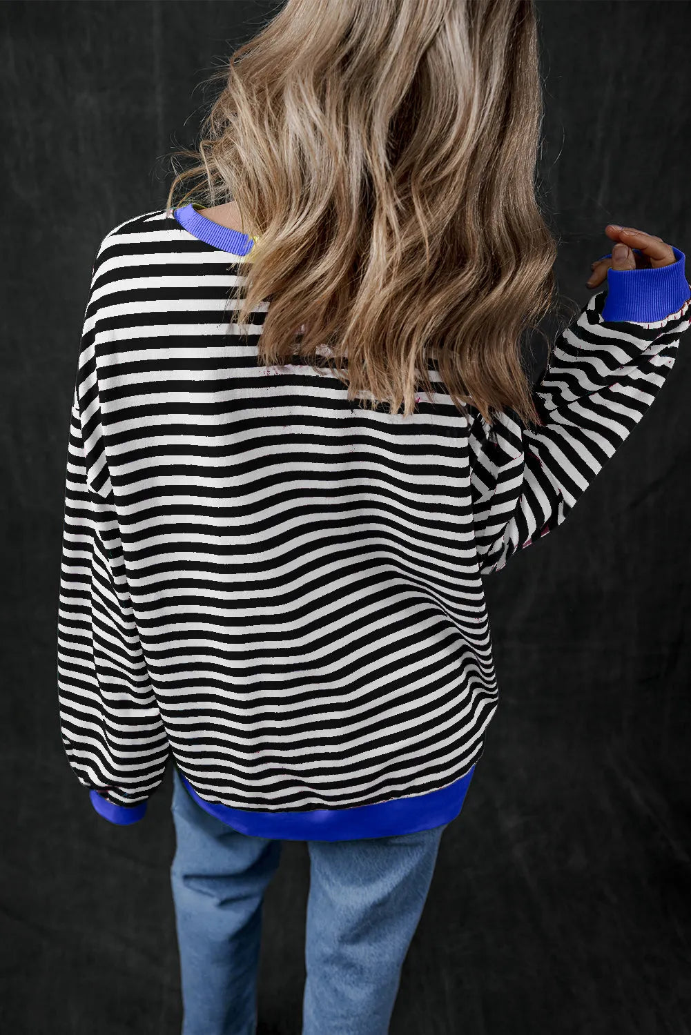 Black Stripe Oversized Contrast Trim Pullover Sweatshirt - Chic Meadow Boutique 