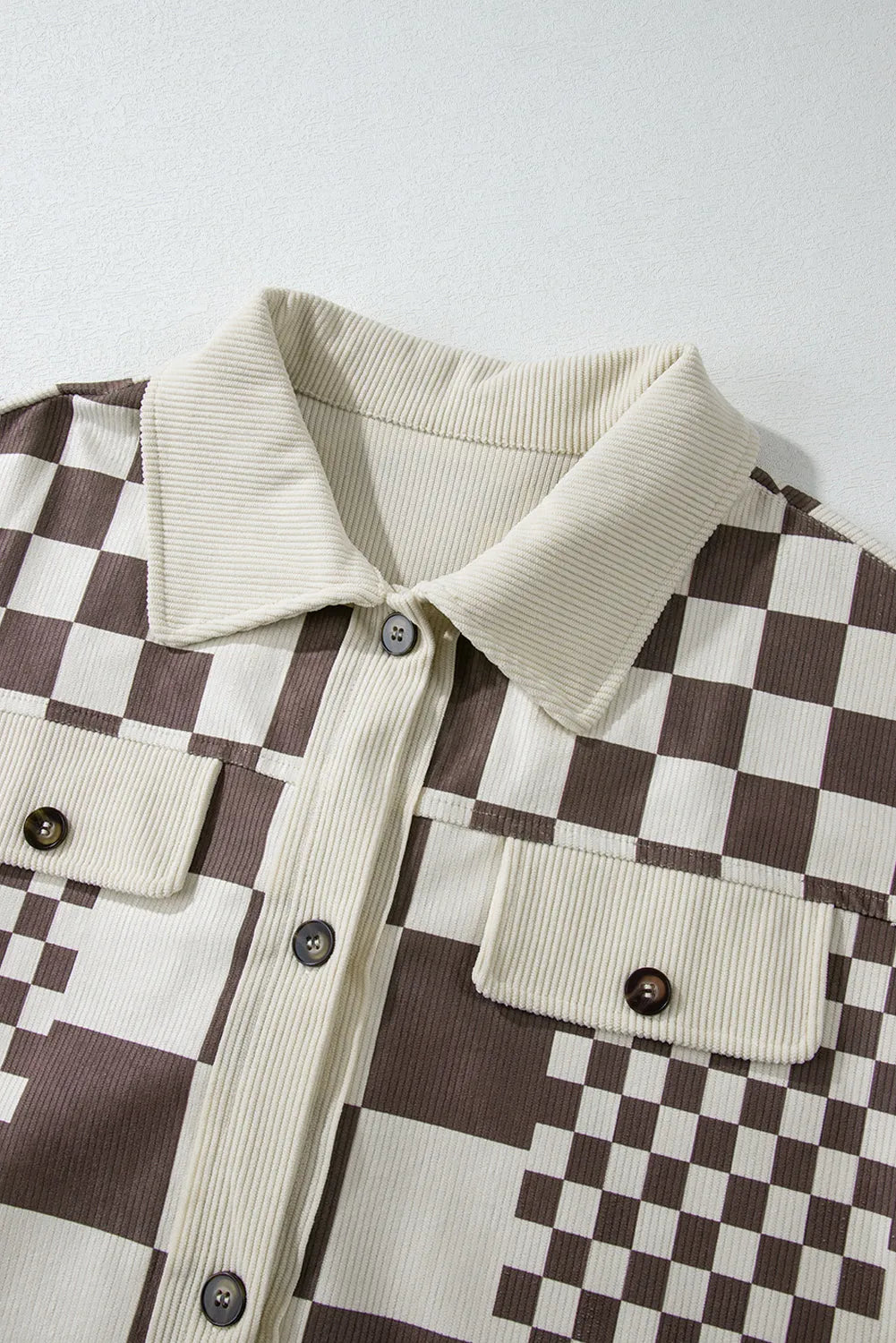 Brown Checkered Print Patchwork Corduroy Shacket - Chic Meadow Boutique 