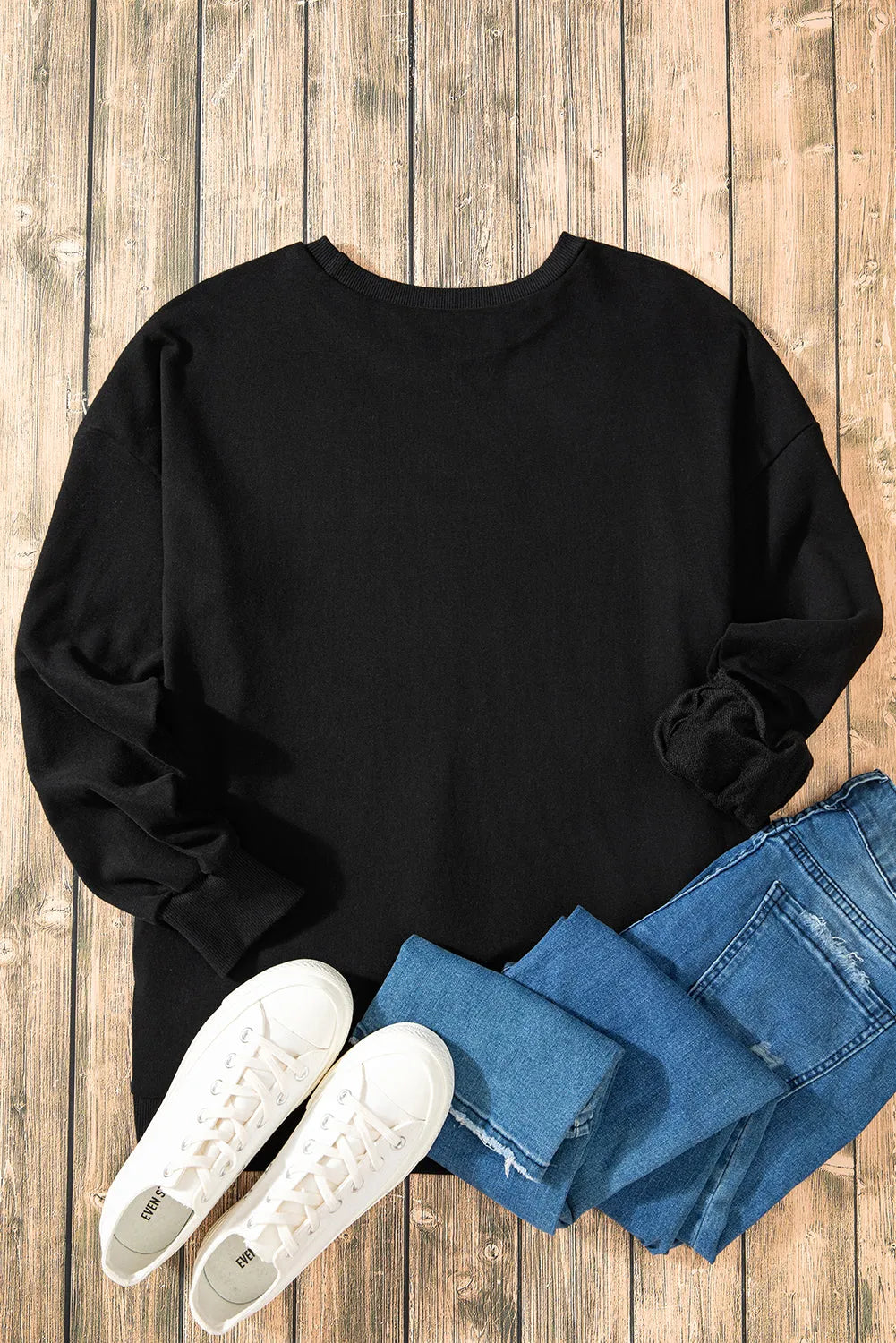 Black Solid O Neck High Low Hem Pullover Sweatshirt - Chic Meadow Boutique 