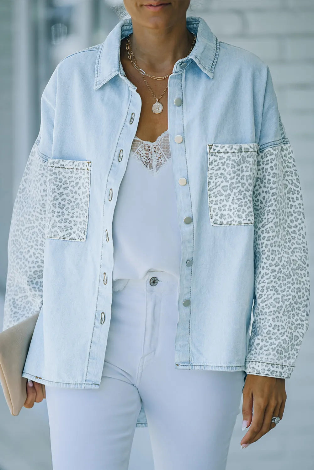 Sky Blue Contrast Leopard Denim Jacket - Chic Meadow Boutique 