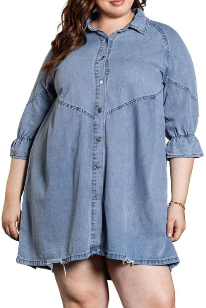 Plus Size/Plus Size Dresses/Plus Size Mini Dresses Light Blue Ruffled 3/4 Sleeve Buttoned Front Plus Size Denim Dress