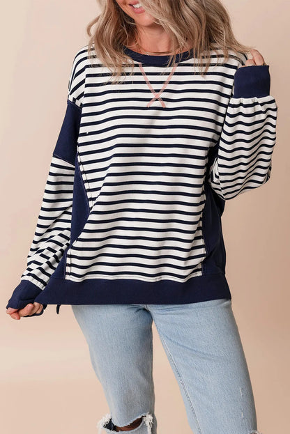 White Stripe Color Block Exposed Seam Loose Fit Sweatshirt - Chic Meadow Boutique 