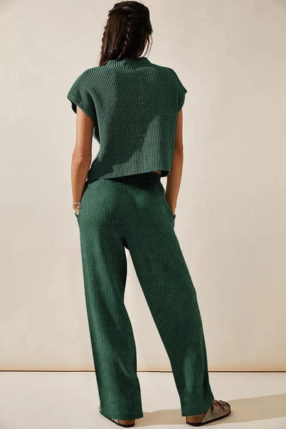 Two Piece Sets/Pant Sets Green Knitted V Neck Sweater and Casual Pants Set