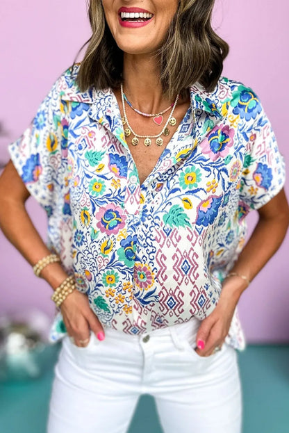 Light Blue Mixed Floral Printed Collared Split Neck Blouse - Chic Meadow Boutique 