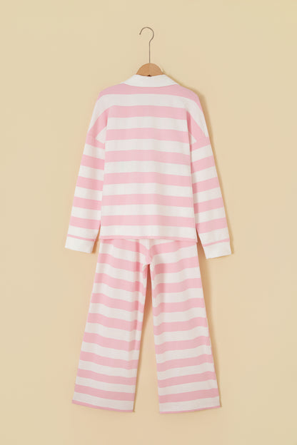 Pink Stripe Color Block Patchwork Zip Long Sleeve Top Elastic Waist Pants Set