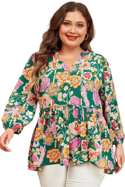 Plus Size/Plus Size Tops/Plus Size Blouses & Shirts Green Floral Tied V Neck Long Sleeve Plus Size Babydoll Top