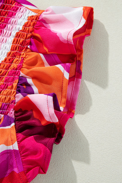 Rose Abstract Print Shirred Yoke Ruffled Blouse