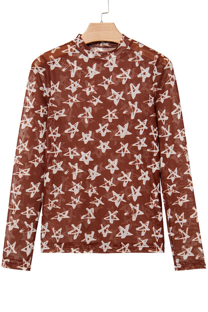 Red Mesh Star Print Mock Neck Sheath Long Sleeve Top