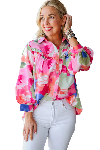 Multicolour Abstract Printed Lantern Sleeve Frilled Button Front Collared Shirt - Chic Meadow Boutique 