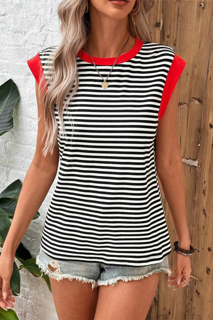 Black Stripe Colorblock Edge Round Neck Tank Top - Chic Meadow Boutique 