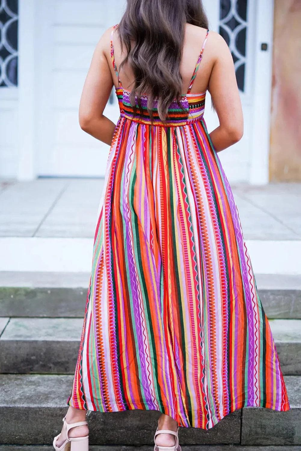 Dresses/Maxi Dresses Multicolour Striped Thin Straps Smocked Back Boho Maxi Dress