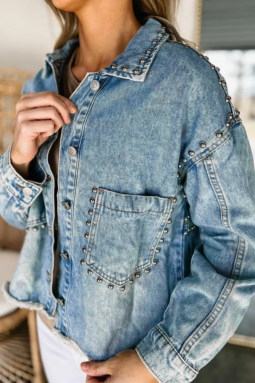 Sky Blue Studded Acid Wash Denim Jacket - Chic Meadow Boutique 