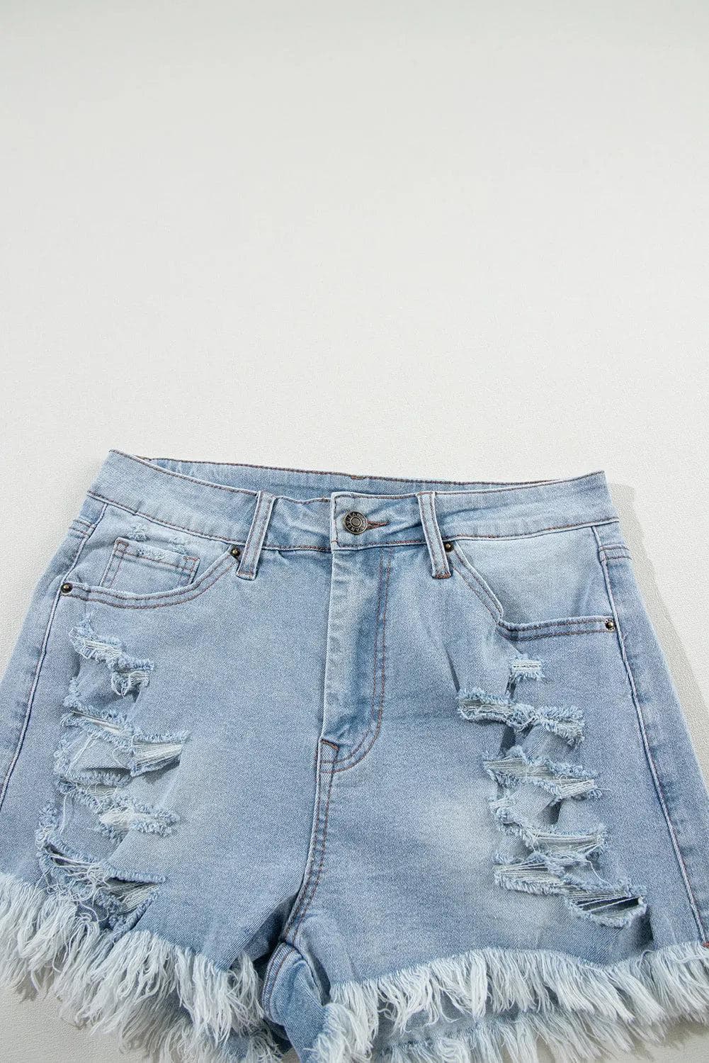 Bottoms/Denim Shorts Light Blue Distressed Ripped Raw Hem High Waist Denim Shorts