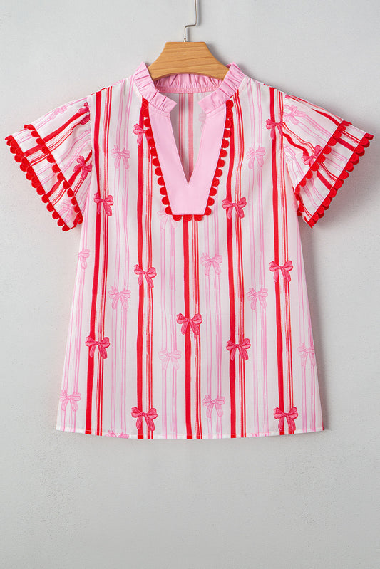 Pink Ric-rac Trim Ruffled Sleeve V Neck Bow Striped Printed Blouse
