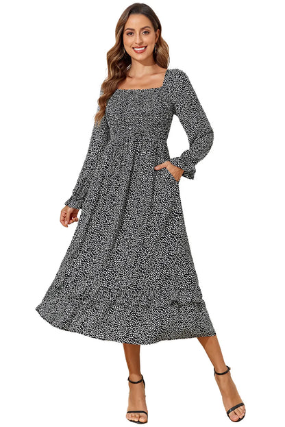 Black Floral Printed Long Sleeve Square Neck Midi Dress - Chic Meadow Boutique 