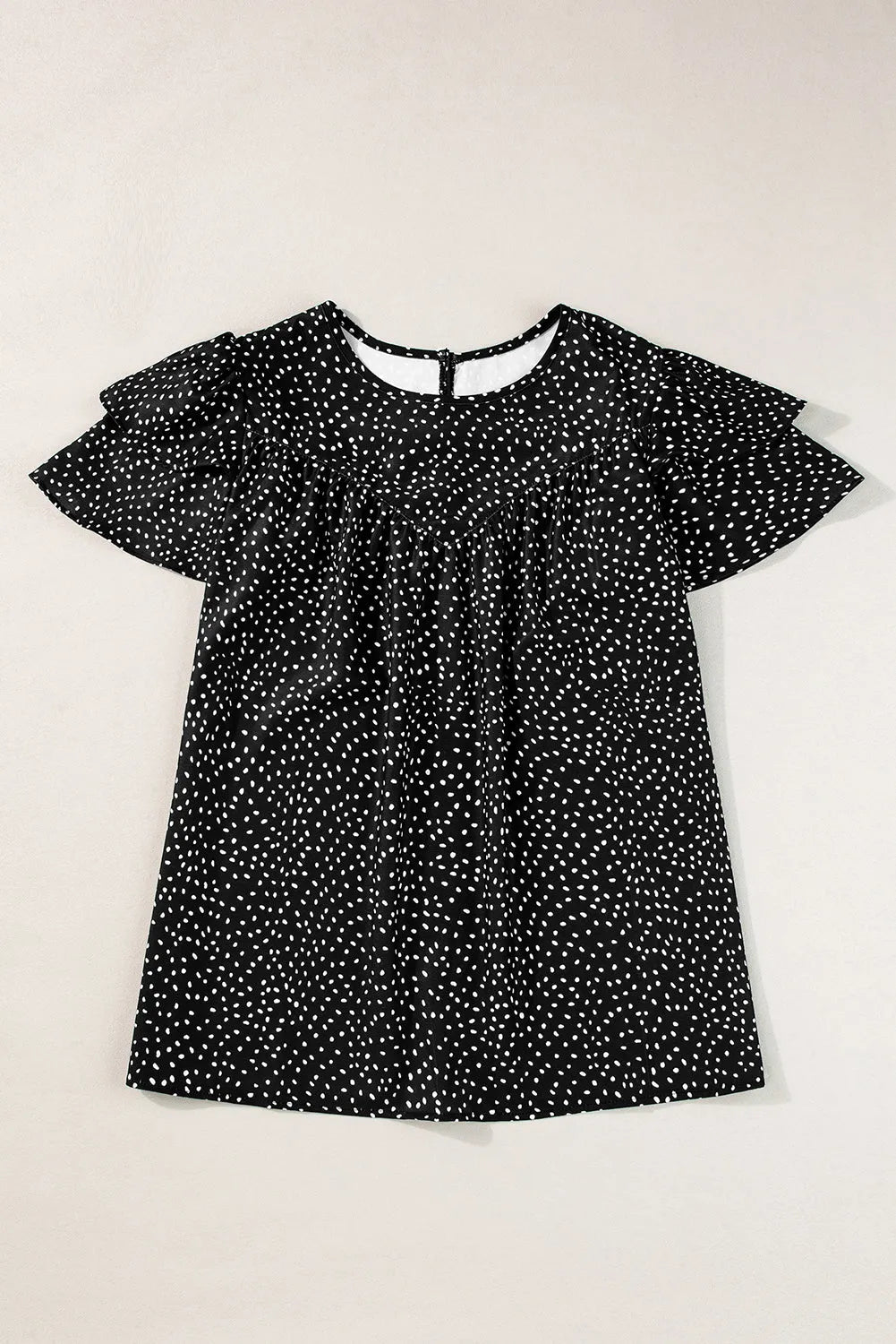 Black Dotted Ruffle Sleeve Crew Neck Ruched Blouse - Chic Meadow Boutique 