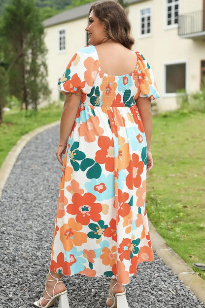 Plus Size/Plus Size Dresses/Plus Size Maxi Dresses Orange Plus Size Flower Print Shirred Square Neck Maxi Dress