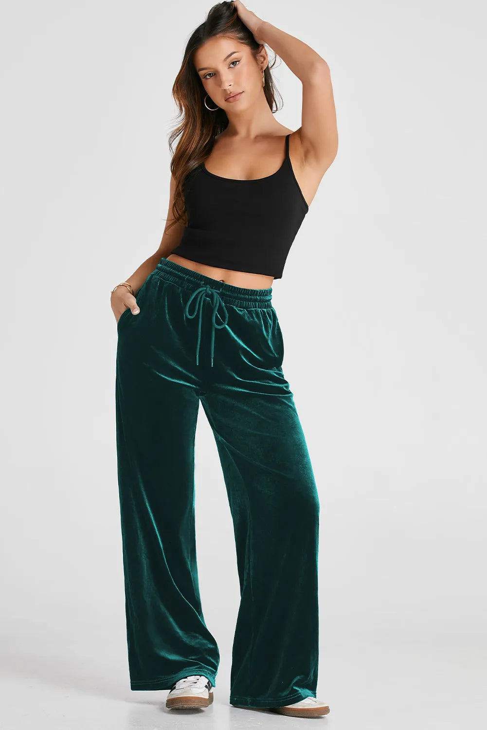 Evergreen Solid Drawstring Waist Wide Leg Pants - Chic Meadow Boutique 