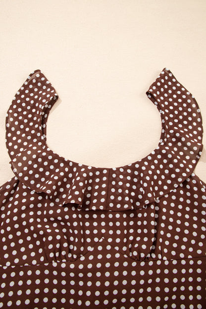 Coffee Polka Dot Print Backless Ruffled Tiered Maxi Dress