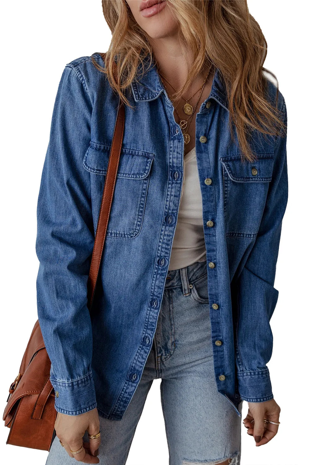 Sky Blue Flap Pocket Button Up Denim Shacket - Chic Meadow Boutique 