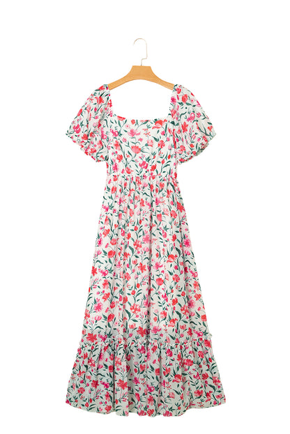 Pink Floral Puff Sleeve Square Neck Empire Waist Tiered Maxi Dress