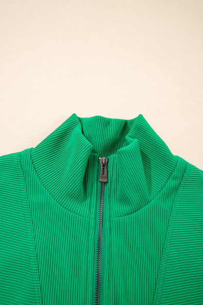 Bright Green Textured Short Sleeve Half Zip Drawstring Waist Romper