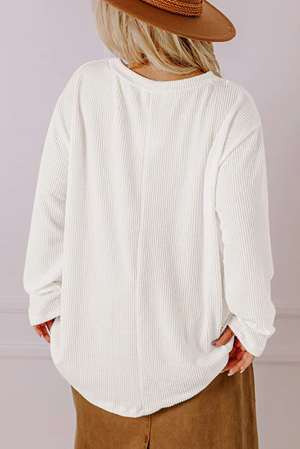 White Plus Size Ribbed Textured Long Sleeve T Shirt - Chic Meadow Boutique 