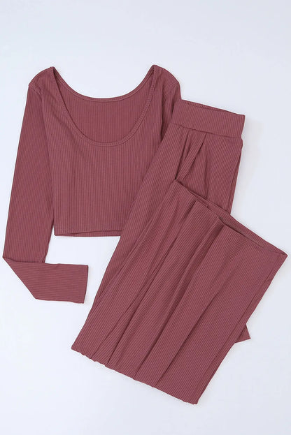 Solid Color Ribbed Crop Top Long Pants Set - Chic Meadow Boutique 