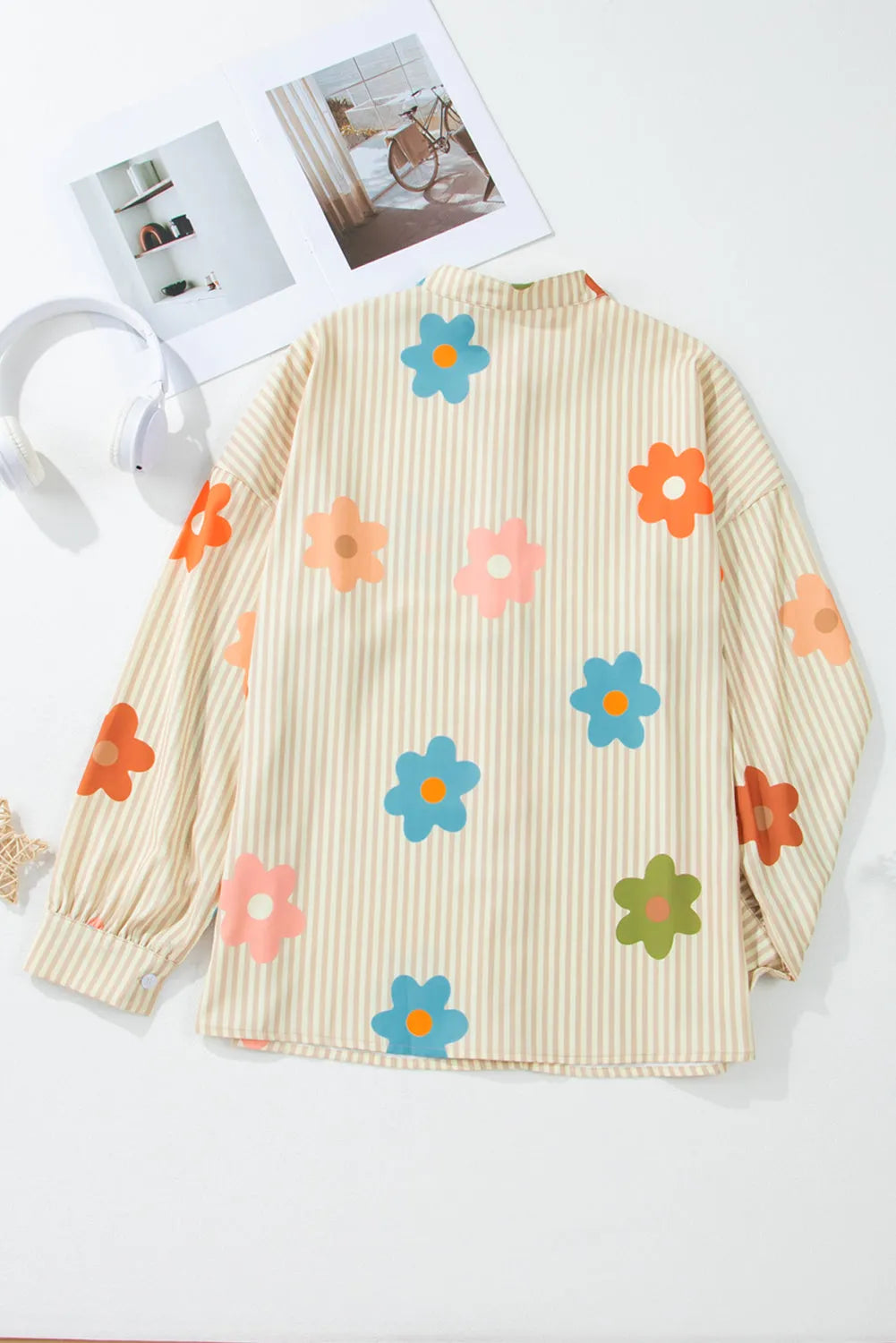 Apricot Stripe Flower Print Collared Button-up Loose Fit Shirt - Chic Meadow Boutique 