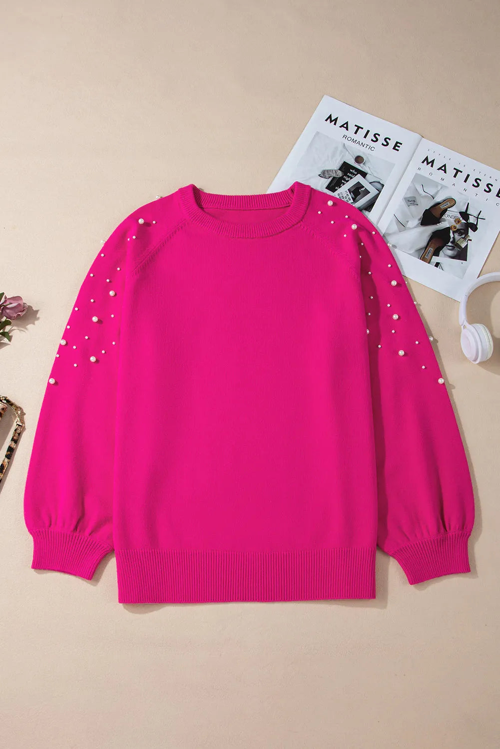 Strawberry Pink Pearled Decor Raglan Sleeve Plus Size Sweater - Chic Meadow Boutique 